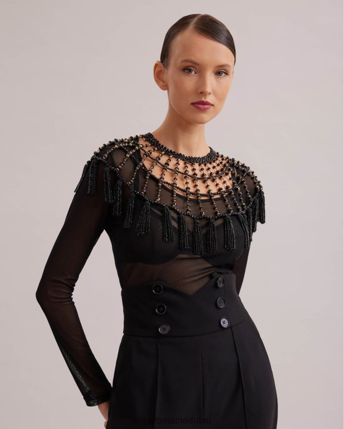 مُكَمِّلات عبد اللطيف Anne Fontaine نحيف طوق ويكا طوق كيب مزين بالخرز أسود T622DL534