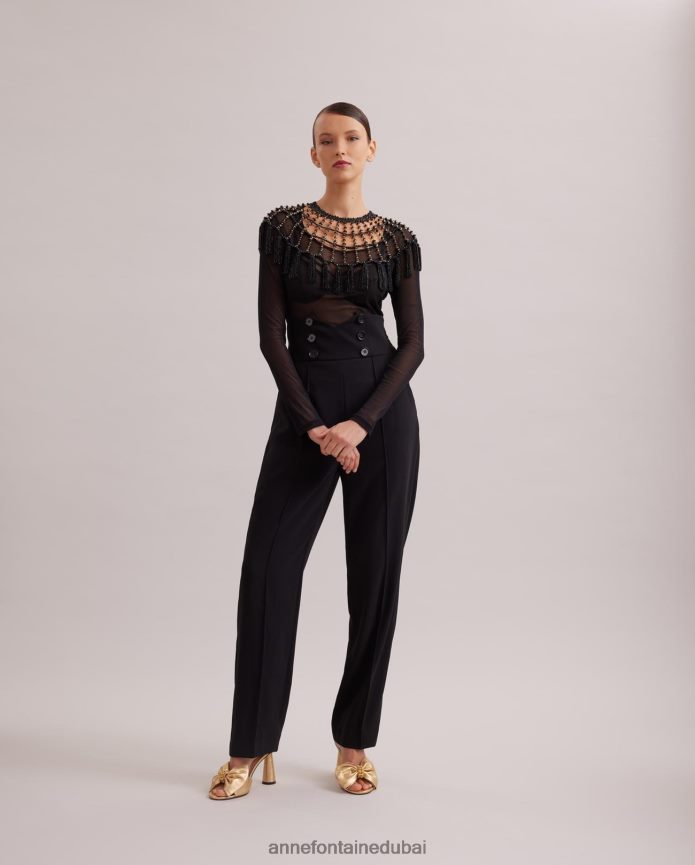 مُكَمِّلات عبد اللطيف Anne Fontaine نحيف طوق ويكا طوق كيب مزين بالخرز أسود T622DL534