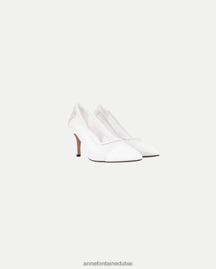 أحذية عبد اللطيف Anne Fontaine نحيف مضخة جلدية بكعب بازيليا مع جسم شبكي وزهور قابلة للإزالة أبيض T622DL53