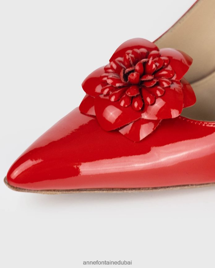 أحذية عبد اللطيف Anne Fontaine نحيف حذاء بكعب عالي باللون الأحمر ومقدمة مدببة من الجلد اللامع مع زهور قابلة للإزالة التانغو الأحمر T622DL55