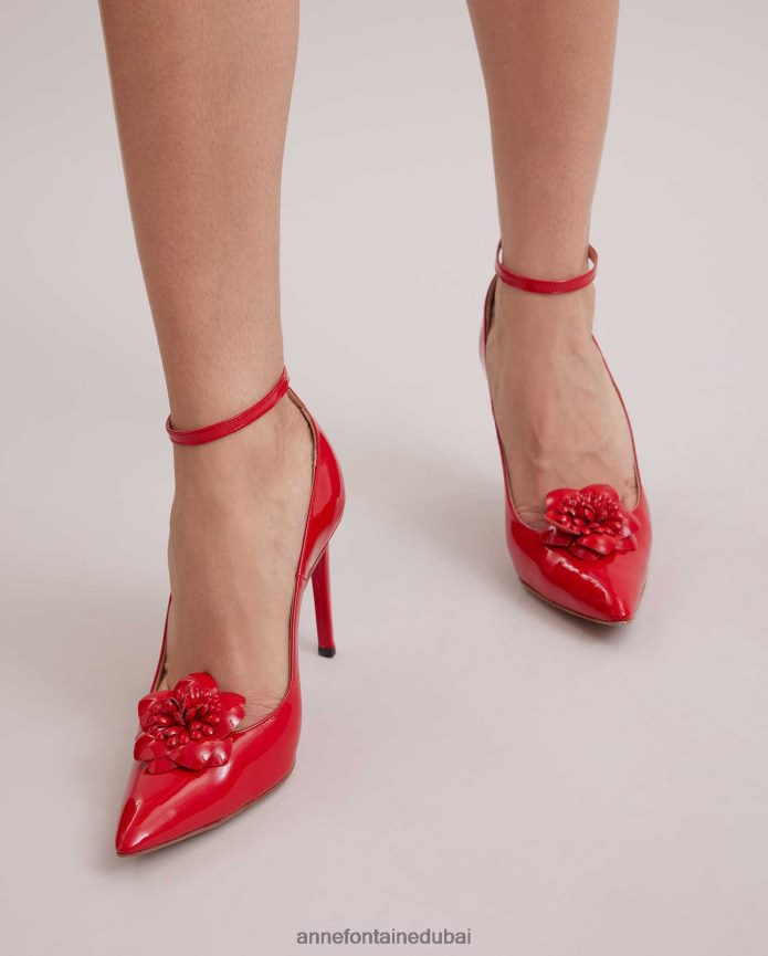 أحذية عبد اللطيف Anne Fontaine نحيف حذاء بكعب عالي باللون الأحمر ومقدمة مدببة من الجلد اللامع مع زهور قابلة للإزالة التانغو الأحمر T622DL55