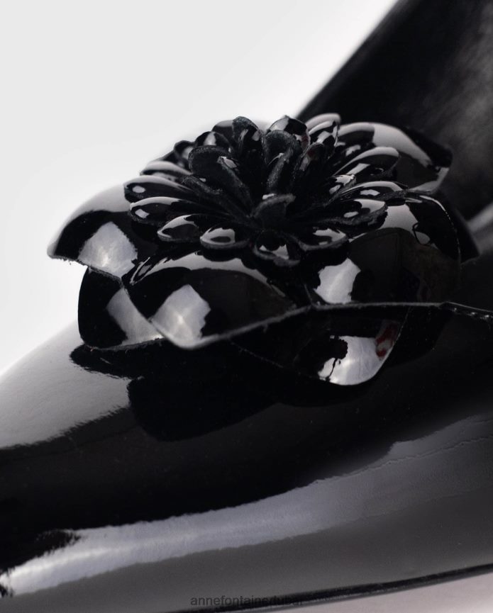 أحذية عبد اللطيف Anne Fontaine نحيف حذاء بكعب فني ومقدمة مدببة من الجلد اللامع مع زهور قابلة للإزالة أسود T622DL56