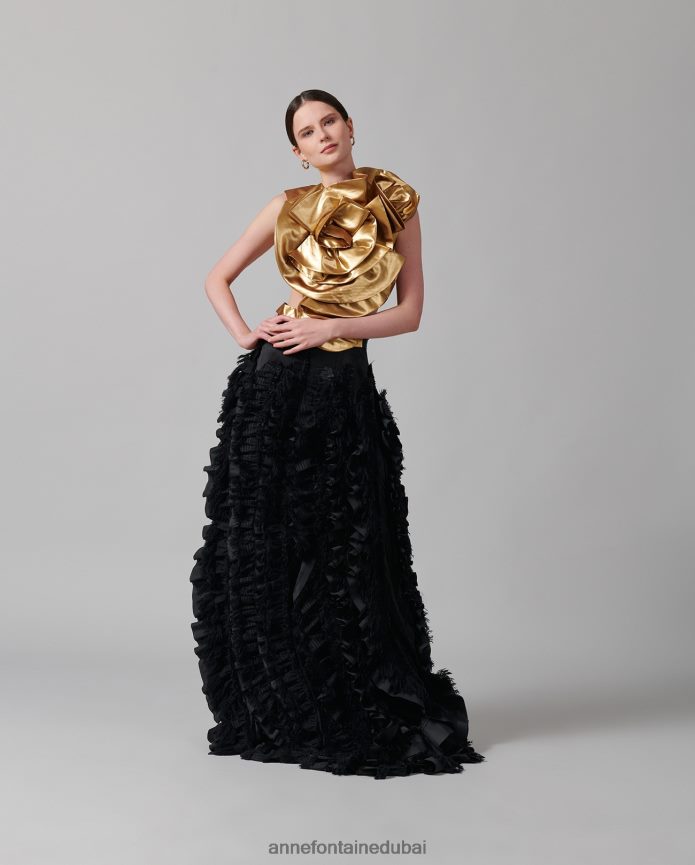 مُكَمِّلات عبد اللطيف Anne Fontaine نحيف واجهة قميص مكشكشة معدنية من أعلى ساكسو ذهب T622DL574