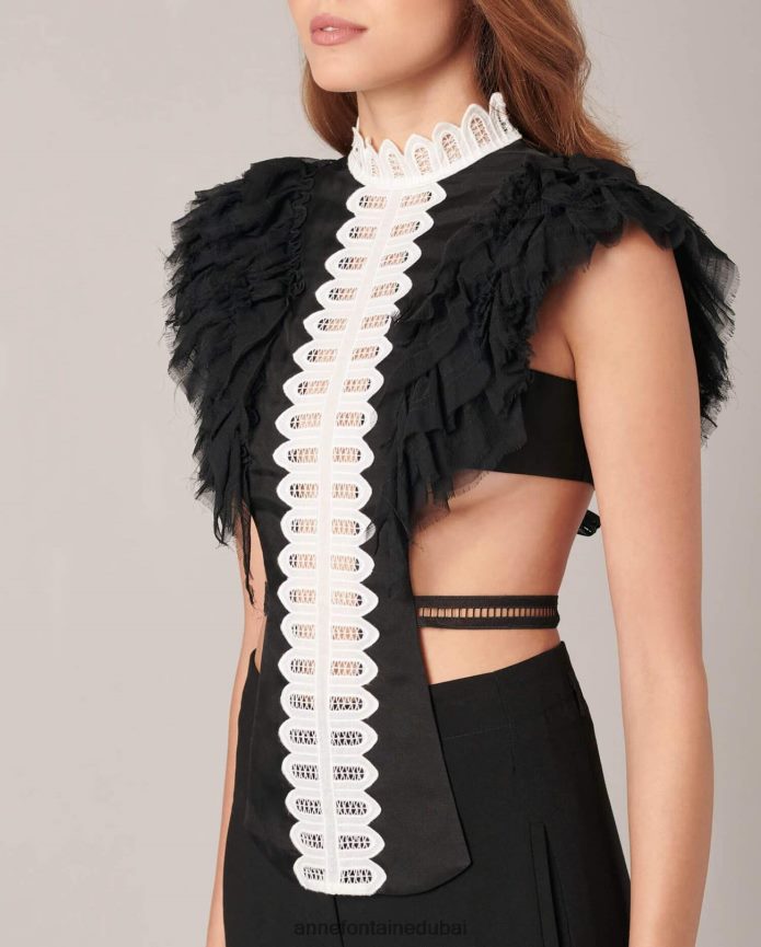 مُكَمِّلات عبد اللطيف Anne Fontaine نحيف قميص إيفان ذو ياقة أمامية بلونين وأكمام كشكش من الشيفون أنيق T622DL575