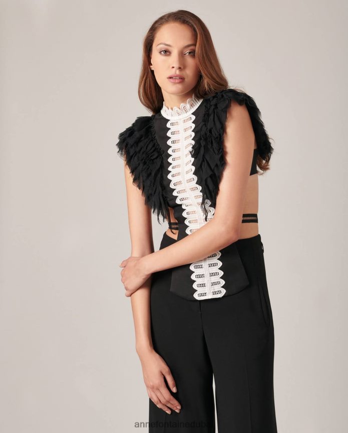 مُكَمِّلات عبد اللطيف Anne Fontaine نحيف قميص إيفان ذو ياقة أمامية بلونين وأكمام كشكش من الشيفون أنيق T622DL575