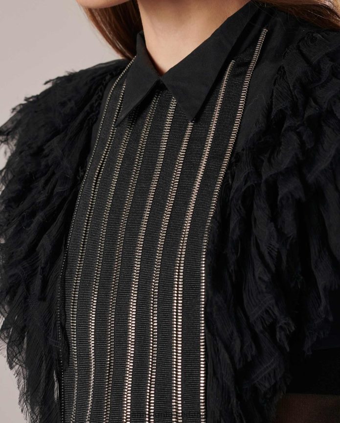 مُكَمِّلات عبد اللطيف Anne Fontaine نحيف قميص ناني من قماش البوبلين ذو ياقة أمامية مع كشكشة من الموسلين أنيق T622DL577