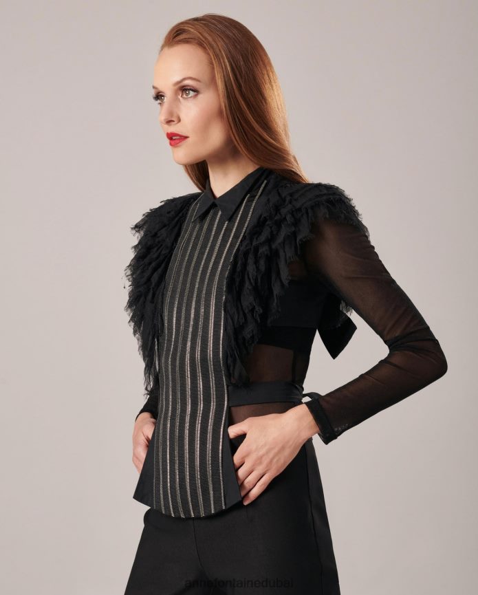 مُكَمِّلات عبد اللطيف Anne Fontaine نحيف قميص ناني من قماش البوبلين ذو ياقة أمامية مع كشكشة من الموسلين أنيق T622DL577