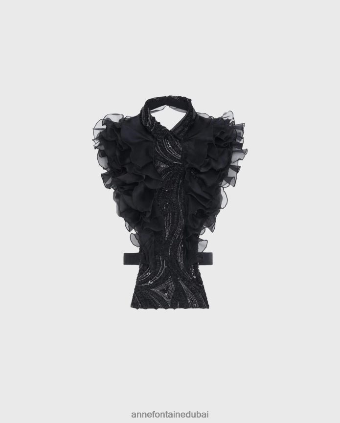 مُكَمِّلات عبد اللطيف Anne Fontaine نحيف واجهة قميص شانون مع الكشكشة والترتر أسود T622DL578