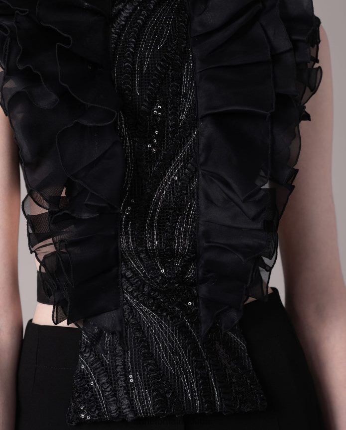 مُكَمِّلات عبد اللطيف Anne Fontaine نحيف واجهة قميص شانون مع الكشكشة والترتر أسود T622DL578