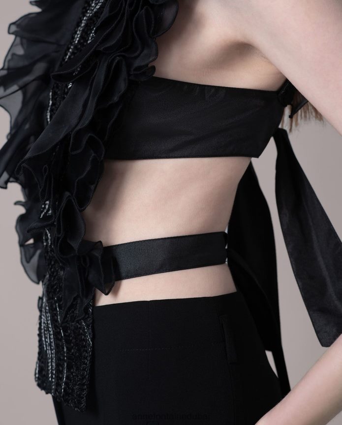 مُكَمِّلات عبد اللطيف Anne Fontaine نحيف واجهة قميص شانون مع الكشكشة والترتر أسود T622DL578