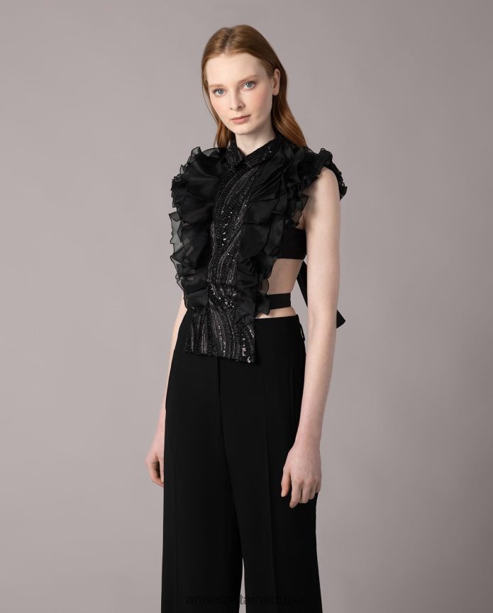 مُكَمِّلات عبد اللطيف Anne Fontaine نحيف واجهة قميص شانون مع الكشكشة والترتر أسود T622DL578