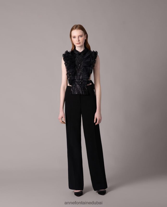 مُكَمِّلات عبد اللطيف Anne Fontaine نحيف واجهة قميص شانون مع الكشكشة والترتر أسود T622DL578