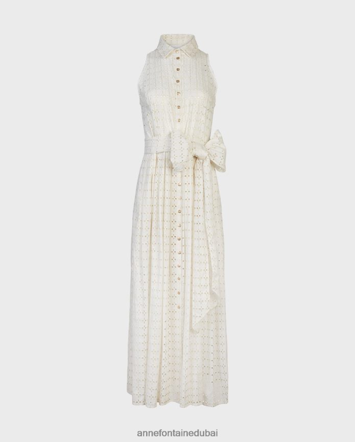 ملابس عبد اللطيف Anne Fontaine نحيف فستان مصور فستان طويل كريمي مطرز بدون أكمام مع حزام خصر أو كلير T622DL58