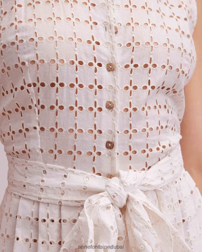 ملابس عبد اللطيف Anne Fontaine نحيف فستان مصور فستان طويل كريمي مطرز بدون أكمام مع حزام خصر أو كلير T622DL58