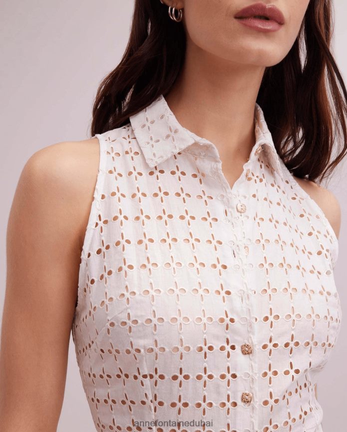 ملابس عبد اللطيف Anne Fontaine نحيف فستان مصور فستان طويل كريمي مطرز بدون أكمام مع حزام خصر أو كلير T622DL58