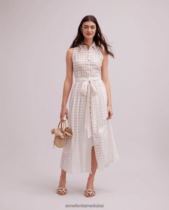 ملابس عبد اللطيف Anne Fontaine نحيف فستان مصور فستان طويل كريمي مطرز بدون أكمام مع حزام خصر أو كلير T622DL58