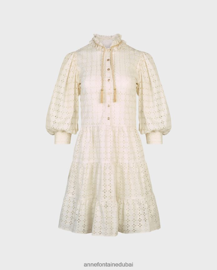 ملابس عبد اللطيف Anne Fontaine نحيف فستان بارور متوسط ​​الطول بتصميمات هندسية وحزام خصر من القماش قابل للإزالة بيج/ذهبي T622DL59