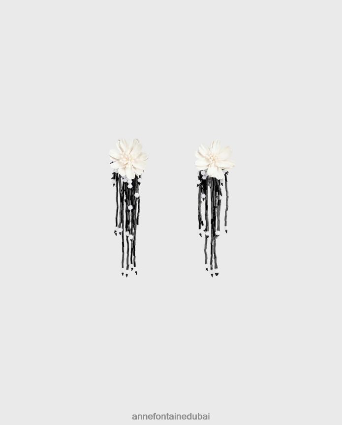 مُكَمِّلات عبد اللطيف Anne Fontaine نحيف أقراط تيسي أقراط مشبكة مع زهرة الكتان أبيض T622DL590