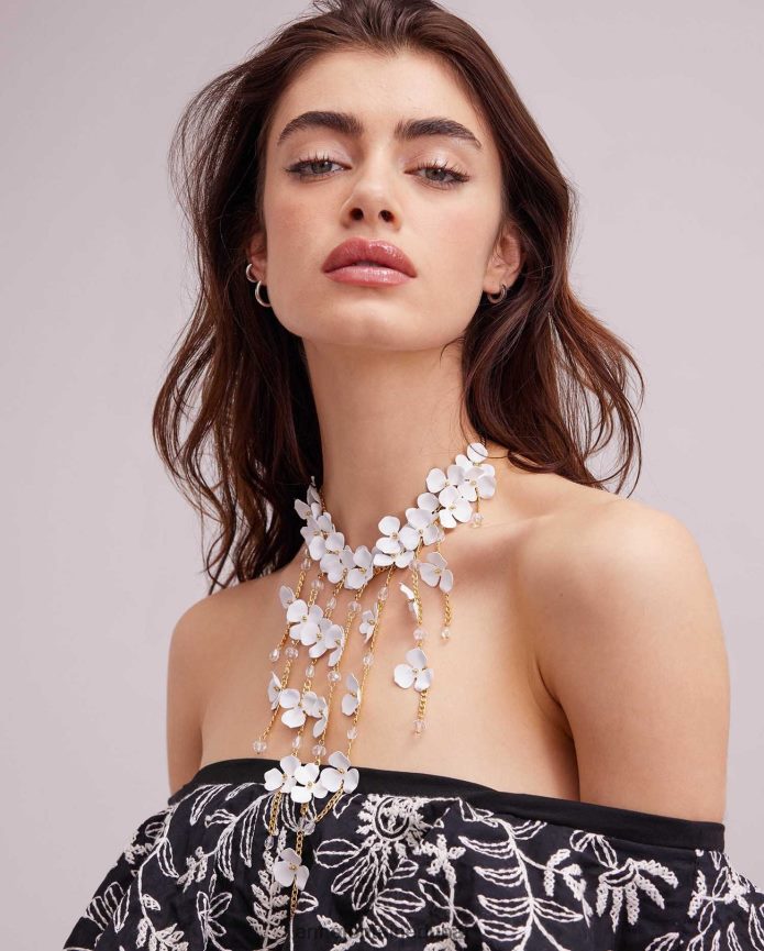 مُكَمِّلات عبد اللطيف Anne Fontaine نحيف قلادة بيرلايا طويلة وقلادة على شكل زهرة ذهب ابيض T622DL597