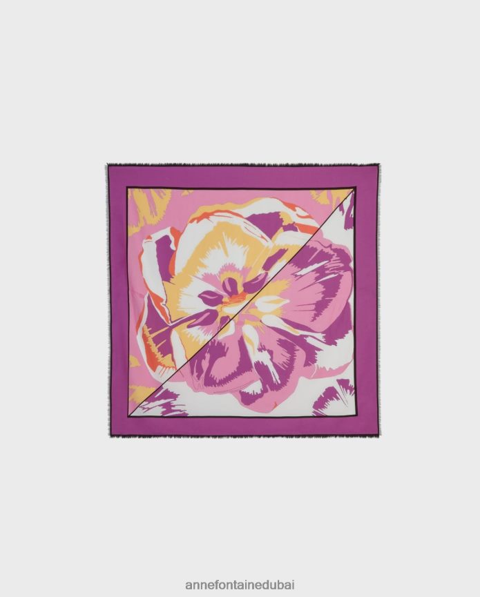 مُكَمِّلات عبد اللطيف Anne Fontaine نحيف وشاح ماتيسيا وشاح حريري مربع مطبوع عليه زهور أرجواني T622DL605