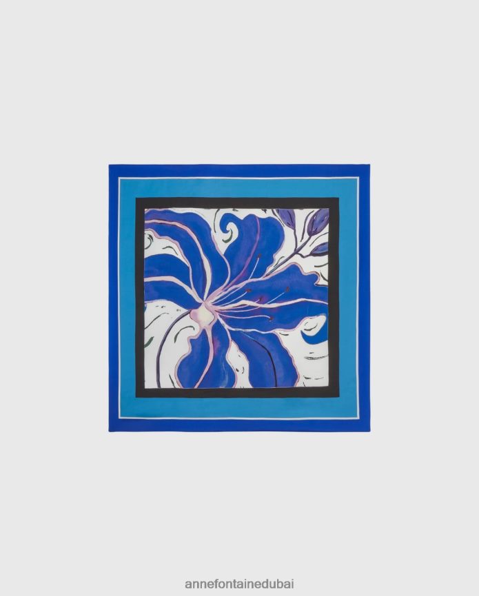 مُكَمِّلات عبد اللطيف Anne Fontaine نحيف وشاح الأوركيد وشاح حريري مطبوع عليه زهور أزرق T622DL606