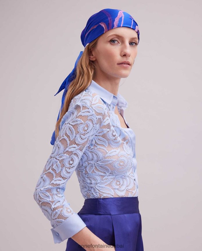 مُكَمِّلات عبد اللطيف Anne Fontaine نحيف وشاح الأوركيد وشاح حريري مطبوع عليه زهور أزرق T622DL606