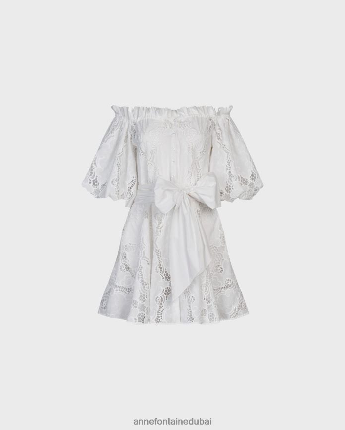 ملابس عبد اللطيف Anne Fontaine نحيف فستان ريفييرا مكشوف الكتفين، فستان بفتحات مطرزة مع حزام قابل للإزالة أبيض T622DL61