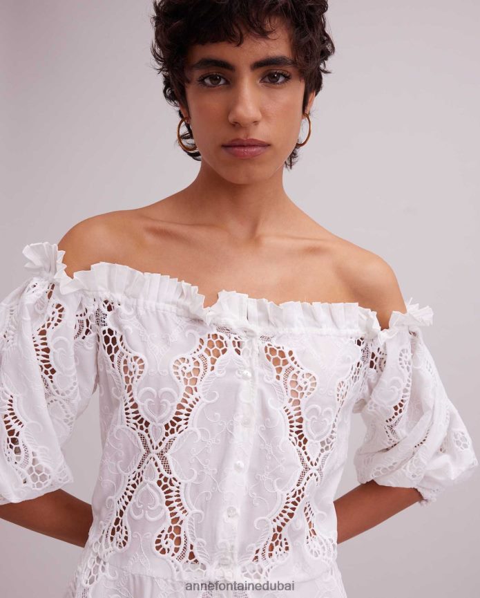 ملابس عبد اللطيف Anne Fontaine نحيف فستان ريفييرا مكشوف الكتفين، فستان بفتحات مطرزة مع حزام قابل للإزالة أبيض T622DL61