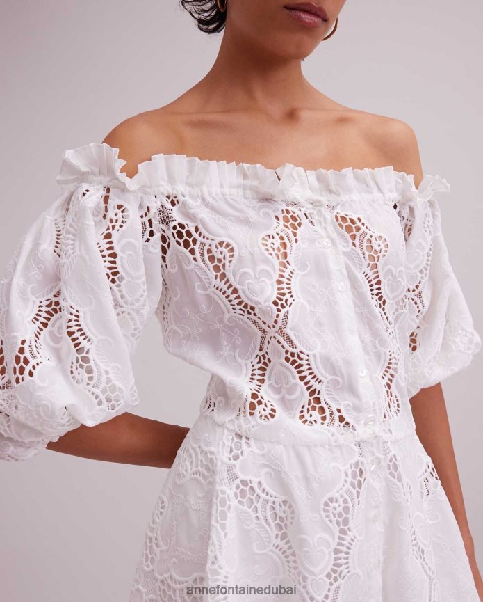 ملابس عبد اللطيف Anne Fontaine نحيف فستان ريفييرا مكشوف الكتفين، فستان بفتحات مطرزة مع حزام قابل للإزالة أبيض T622DL61