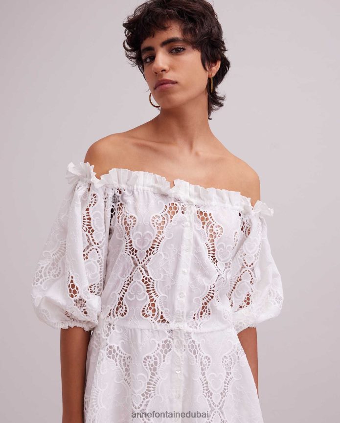 ملابس عبد اللطيف Anne Fontaine نحيف فستان ريفييرا مكشوف الكتفين، فستان بفتحات مطرزة مع حزام قابل للإزالة أبيض T622DL61