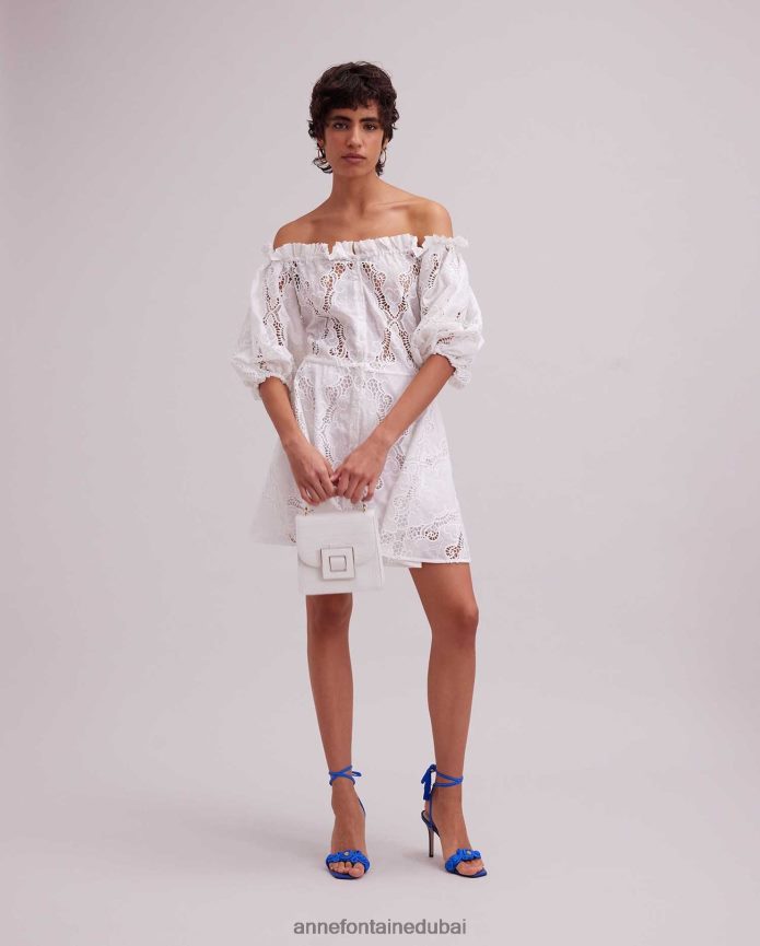 ملابس عبد اللطيف Anne Fontaine نحيف فستان ريفييرا مكشوف الكتفين، فستان بفتحات مطرزة مع حزام قابل للإزالة أبيض T622DL61