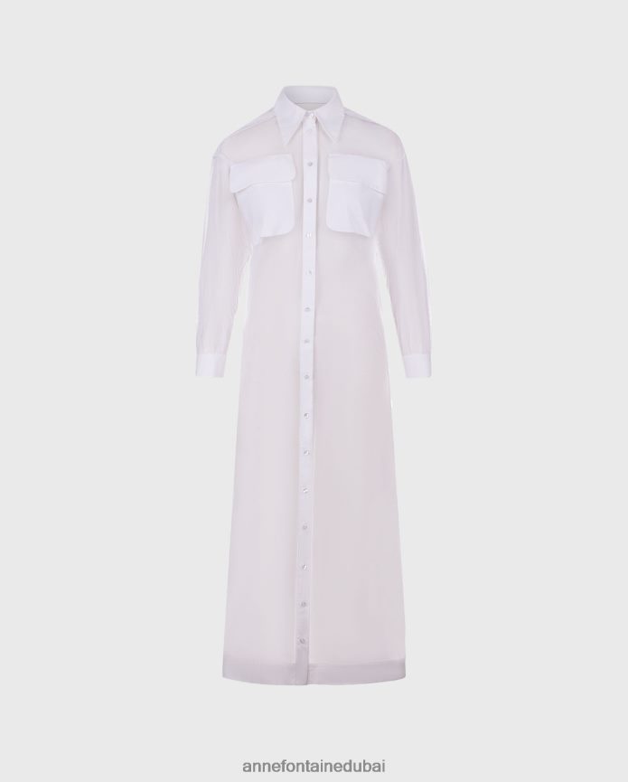 ملابس عبد اللطيف Anne Fontaine نحيف فستان فولوديا على شكل قميص طويل الطول مصنوع من قماش شبكي شفاف أبيض T622DL62