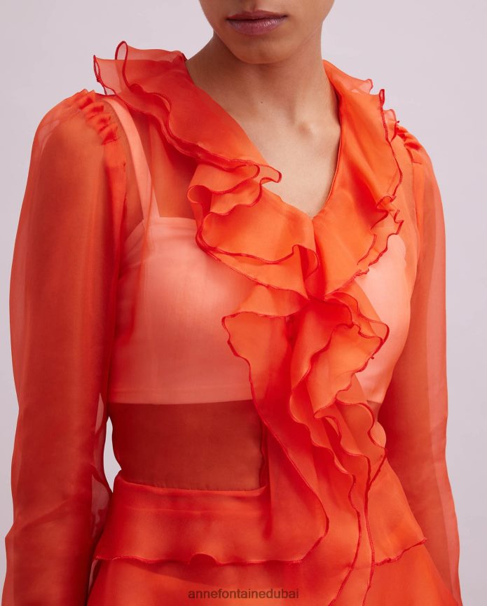 ملابس عبد اللطيف Anne Fontaine نحيف فستان قميص لافاند بأكمام طويلة من الأورجانزا الحريري مع تفاصيل كشكش البرتقالي T622DL63
