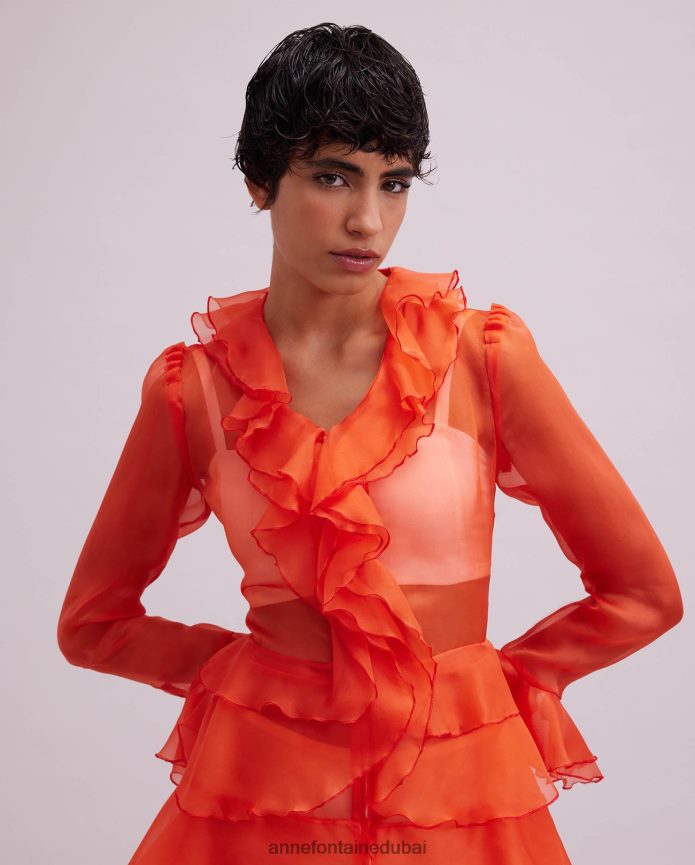 ملابس عبد اللطيف Anne Fontaine نحيف فستان قميص لافاند بأكمام طويلة من الأورجانزا الحريري مع تفاصيل كشكش البرتقالي T622DL63