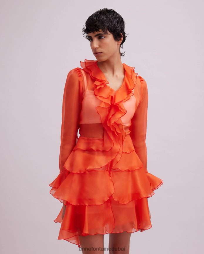 ملابس عبد اللطيف Anne Fontaine نحيف فستان قميص لافاند بأكمام طويلة من الأورجانزا الحريري مع تفاصيل كشكش البرتقالي T622DL63