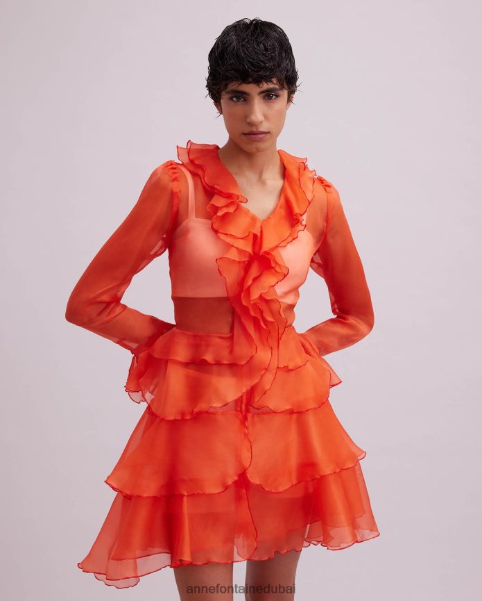 ملابس عبد اللطيف Anne Fontaine نحيف فستان قميص لافاند بأكمام طويلة من الأورجانزا الحريري مع تفاصيل كشكش البرتقالي T622DL63
