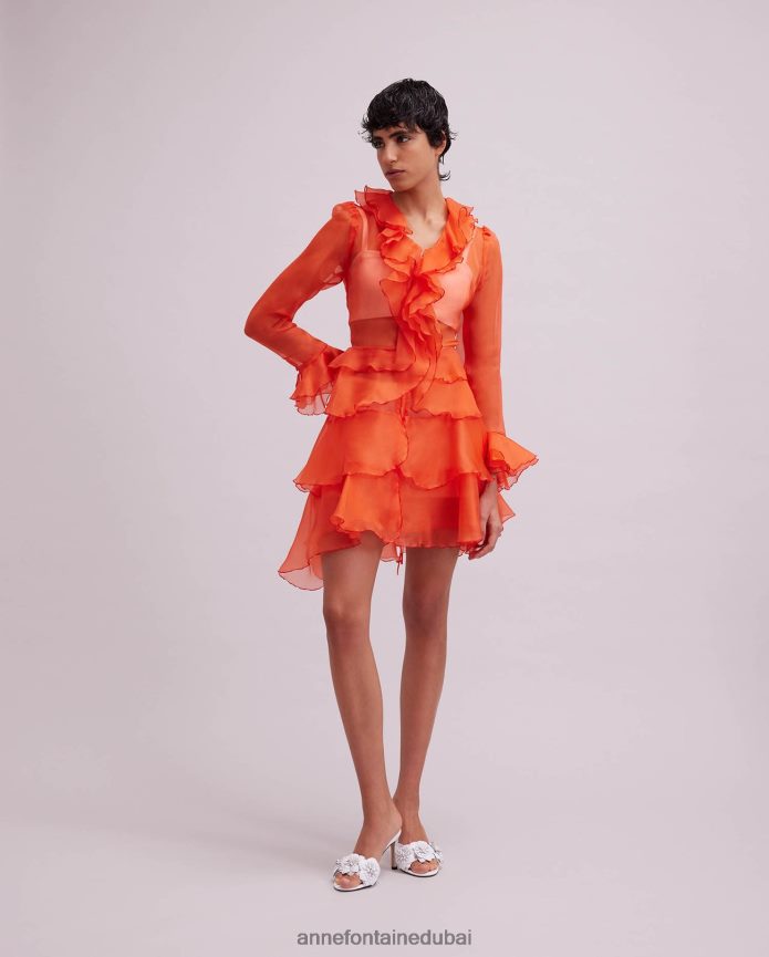 ملابس عبد اللطيف Anne Fontaine نحيف فستان قميص لافاند بأكمام طويلة من الأورجانزا الحريري مع تفاصيل كشكش البرتقالي T622DL63