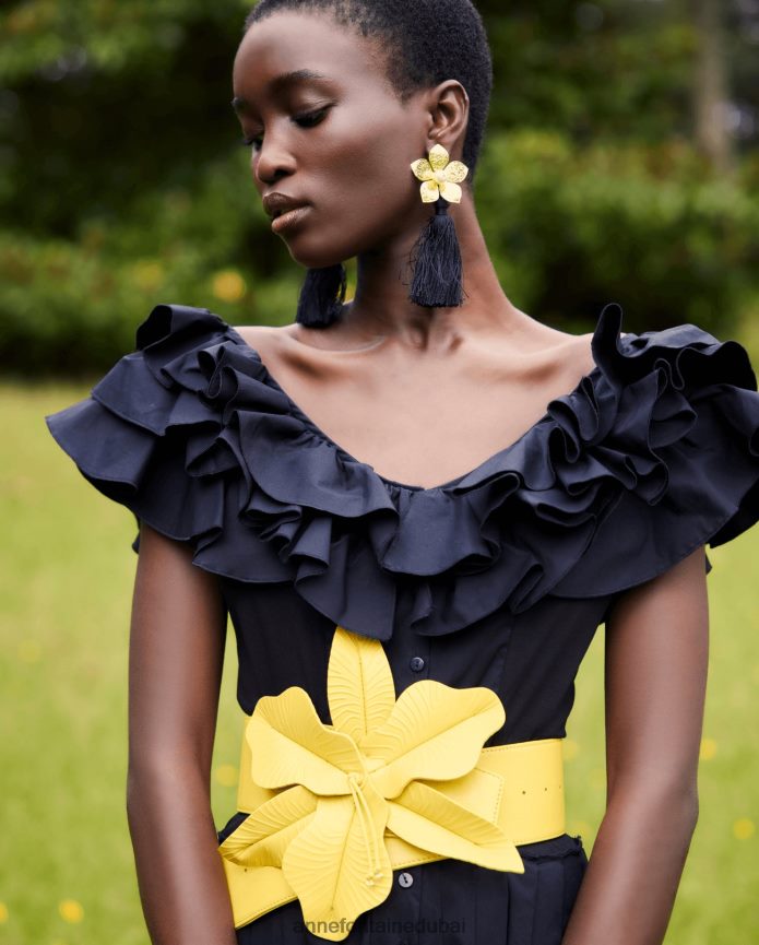 مُكَمِّلات عبد اللطيف Anne Fontaine نحيف حزام كاري الباسك حزام جلدي عريض بزخارف نباتية كبيرة الحجم أصفر T622DL642