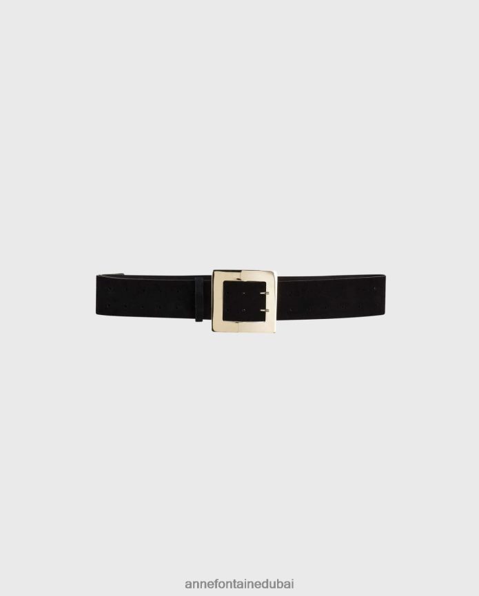مُكَمِّلات عبد اللطيف Anne Fontaine نحيف حزام بابل عريض من جلد الغزال مع إبزيم مميز الذهب الأسود T622DL646