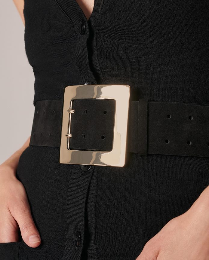 مُكَمِّلات عبد اللطيف Anne Fontaine نحيف حزام بابل عريض من جلد الغزال مع إبزيم مميز الذهب الأسود T622DL646