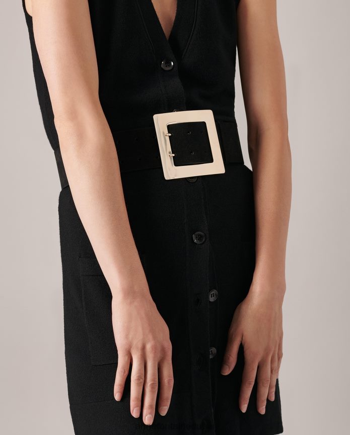 مُكَمِّلات عبد اللطيف Anne Fontaine نحيف حزام بابل عريض من جلد الغزال مع إبزيم مميز الذهب الأسود T622DL646