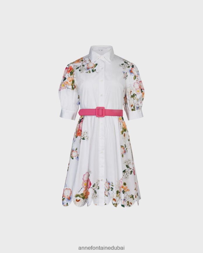 ملابس عبد اللطيف Anne Fontaine نحيف فستان قميص ميموزا مع تفاصيل نمط الأزهار الملونة أبيض T622DL64