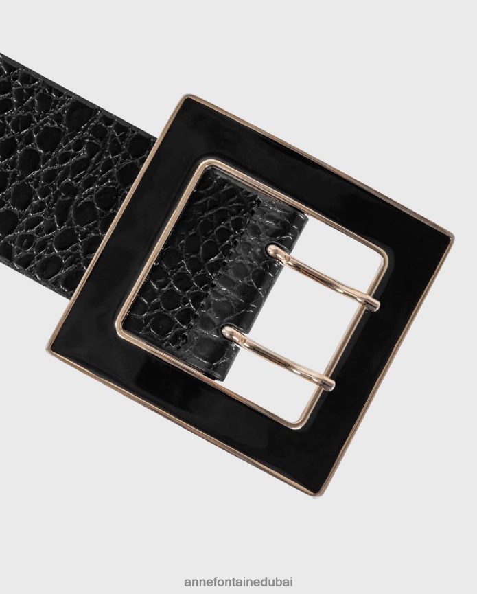 مُكَمِّلات عبد اللطيف Anne Fontaine نحيف الحزام الشمالي حزام جلدي منقوش بنقش جلد التمساح باللون اللامع أسود T622DL657