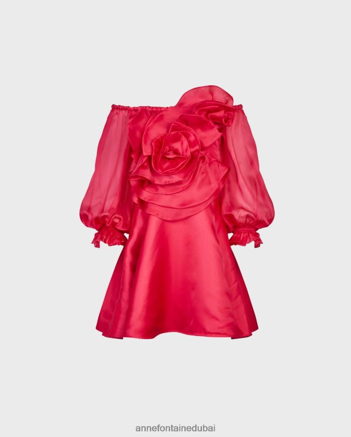 ملابس عبد اللطيف Anne Fontaine نحيف فستان زهري فستان الأورجانزا الحريري مكشوف الكتفين مع وردة كبيرة ثلاثية الأبعاد ضارب الى الحمرة T622DL65