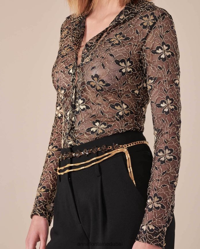 مُكَمِّلات عبد اللطيف Anne Fontaine نحيف حزام نايتي حزام سلسلة ثلاثي مع الزهور الذهب الأسود T622DL677