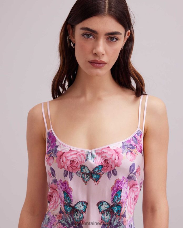 ملابس عبد اللطيف Anne Fontaine نحيف فستان هايتزا فستان حريري بحزام سباغيتي مع تصميم مطبوع على شكل فراشة وزهور لون القرنفل T622DL67