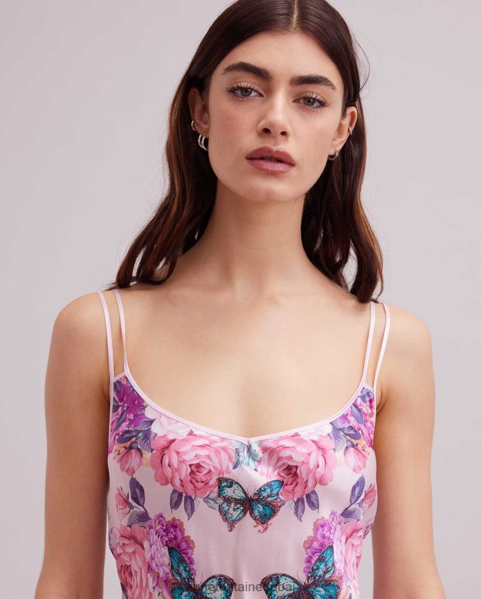 ملابس عبد اللطيف Anne Fontaine نحيف فستان هايتزا فستان حريري بحزام سباغيتي مع تصميم مطبوع على شكل فراشة وزهور لون القرنفل T622DL67