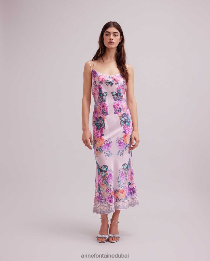 ملابس عبد اللطيف Anne Fontaine نحيف فستان هايتزا فستان حريري بحزام سباغيتي مع تصميم مطبوع على شكل فراشة وزهور لون القرنفل T622DL67