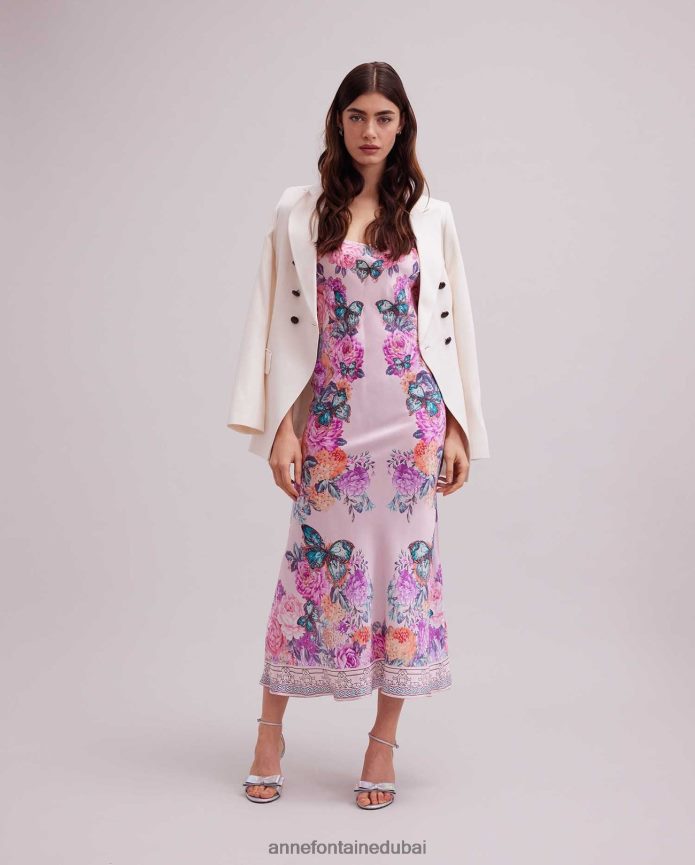 ملابس عبد اللطيف Anne Fontaine نحيف فستان هايتزا فستان حريري بحزام سباغيتي مع تصميم مطبوع على شكل فراشة وزهور لون القرنفل T622DL67