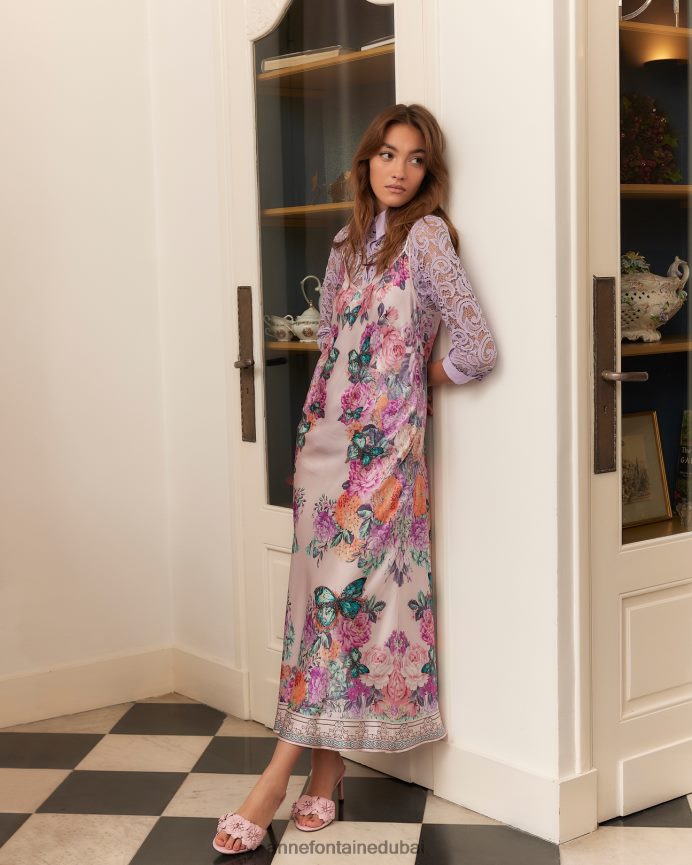 ملابس عبد اللطيف Anne Fontaine نحيف فستان هايتزا فستان حريري بحزام سباغيتي مع تصميم مطبوع على شكل فراشة وزهور لون القرنفل T622DL67